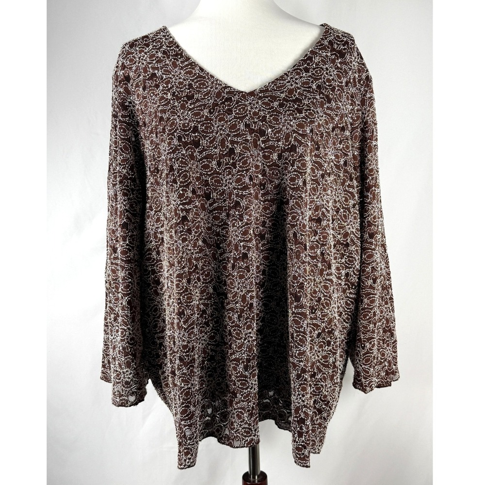 Vintage Maggie Barnes Brown Tunic‎ Top White Micro Beaded  Size 3X Glam Party